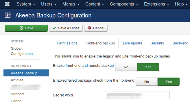 Joomla configuration for Akeeba front-end and remote backup