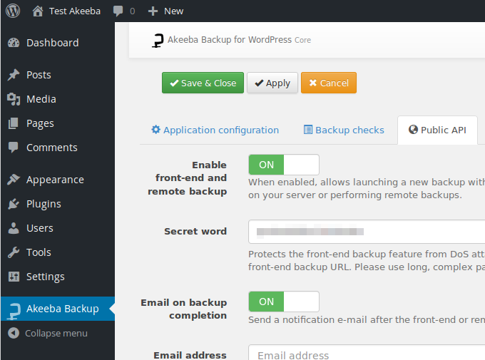 WordPress configuration for Akeeba front-end and remote backup